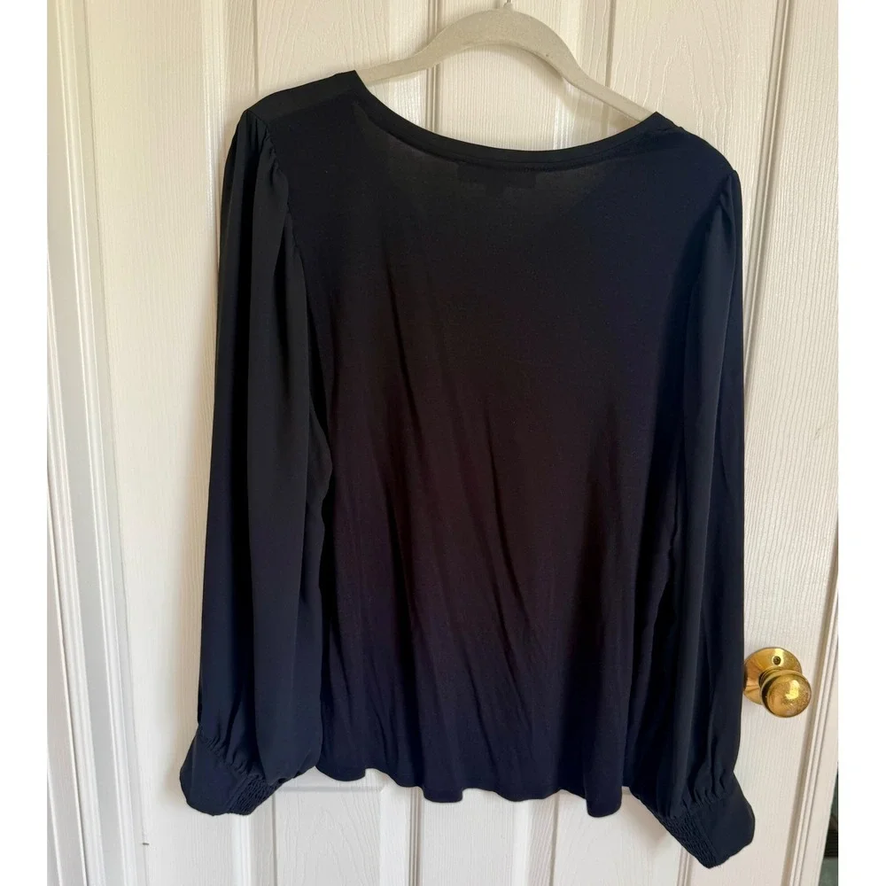LOFT Black Mixed Media V-Neck Blouse Smocked Cuff Long Sleeve‎ XXL